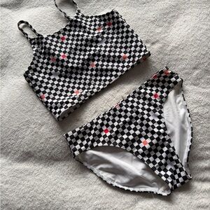Melrose and Market Girls Checkerboard Bikini Set Black White Red Size 12